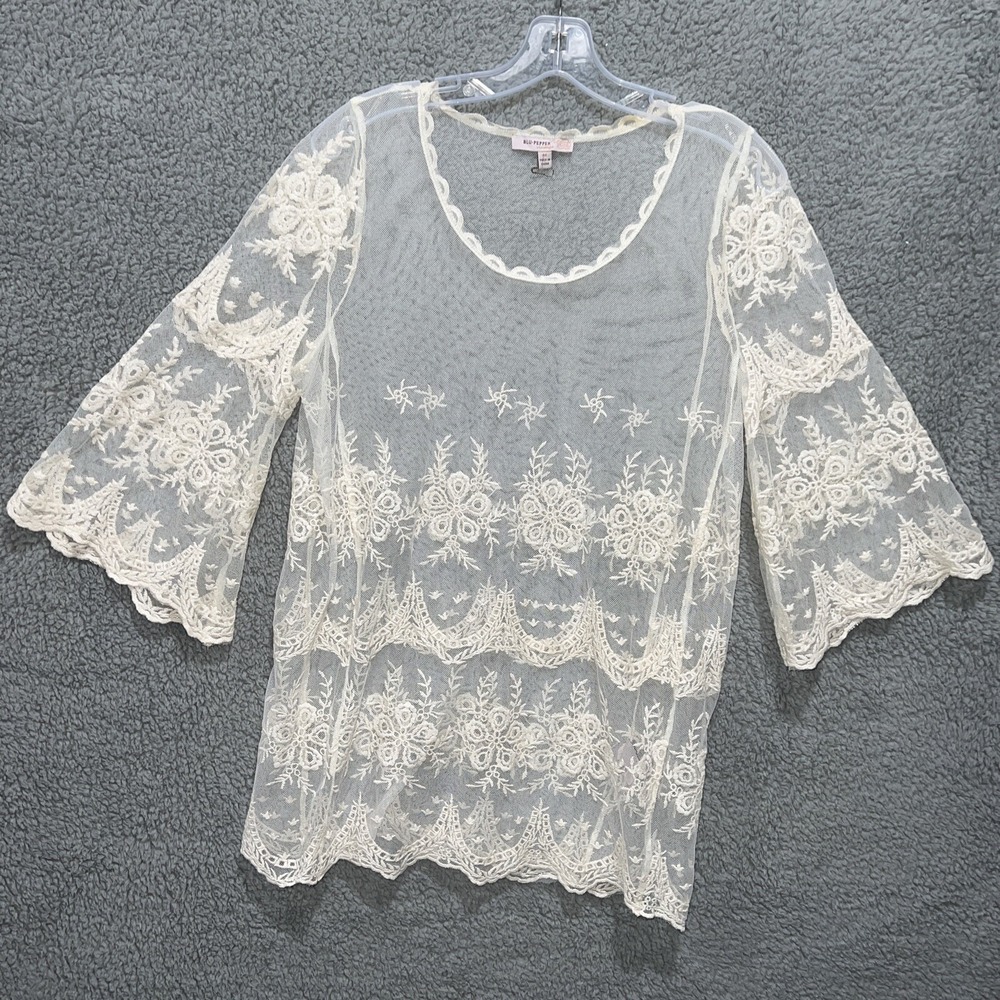Blu Pepper Shirt Women's Size M Cream Tunic Top Blouse Lace Cottagecore Grandma